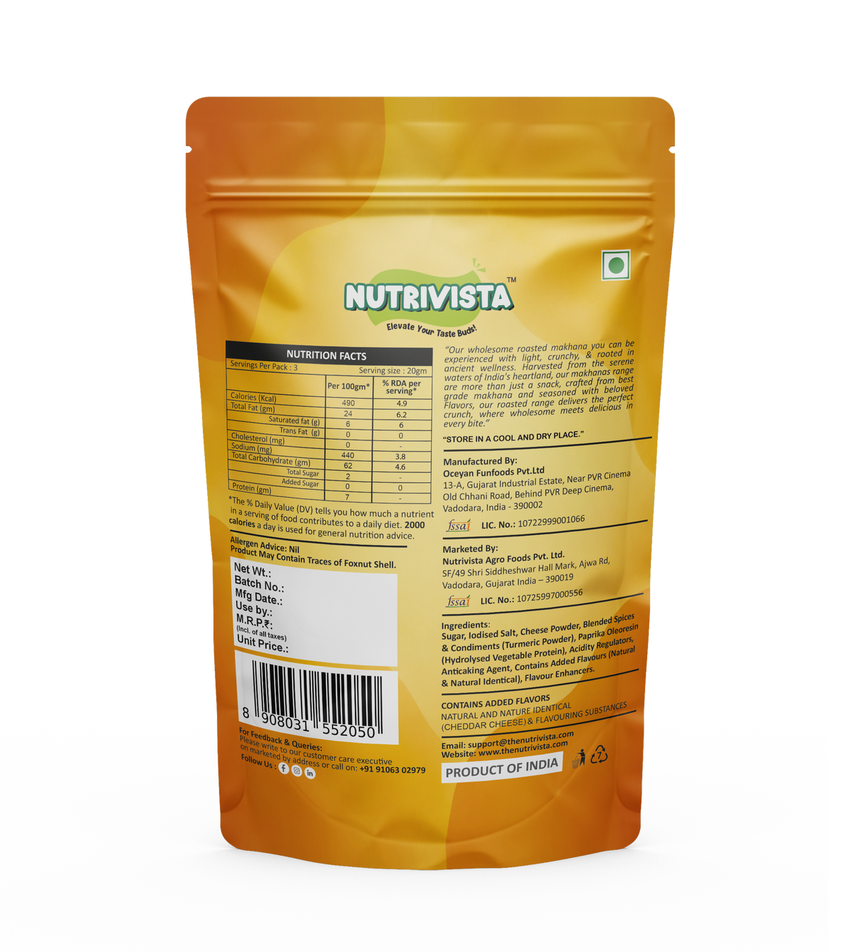 Cheesy Cheddar Makhana ingredients and nutrition label