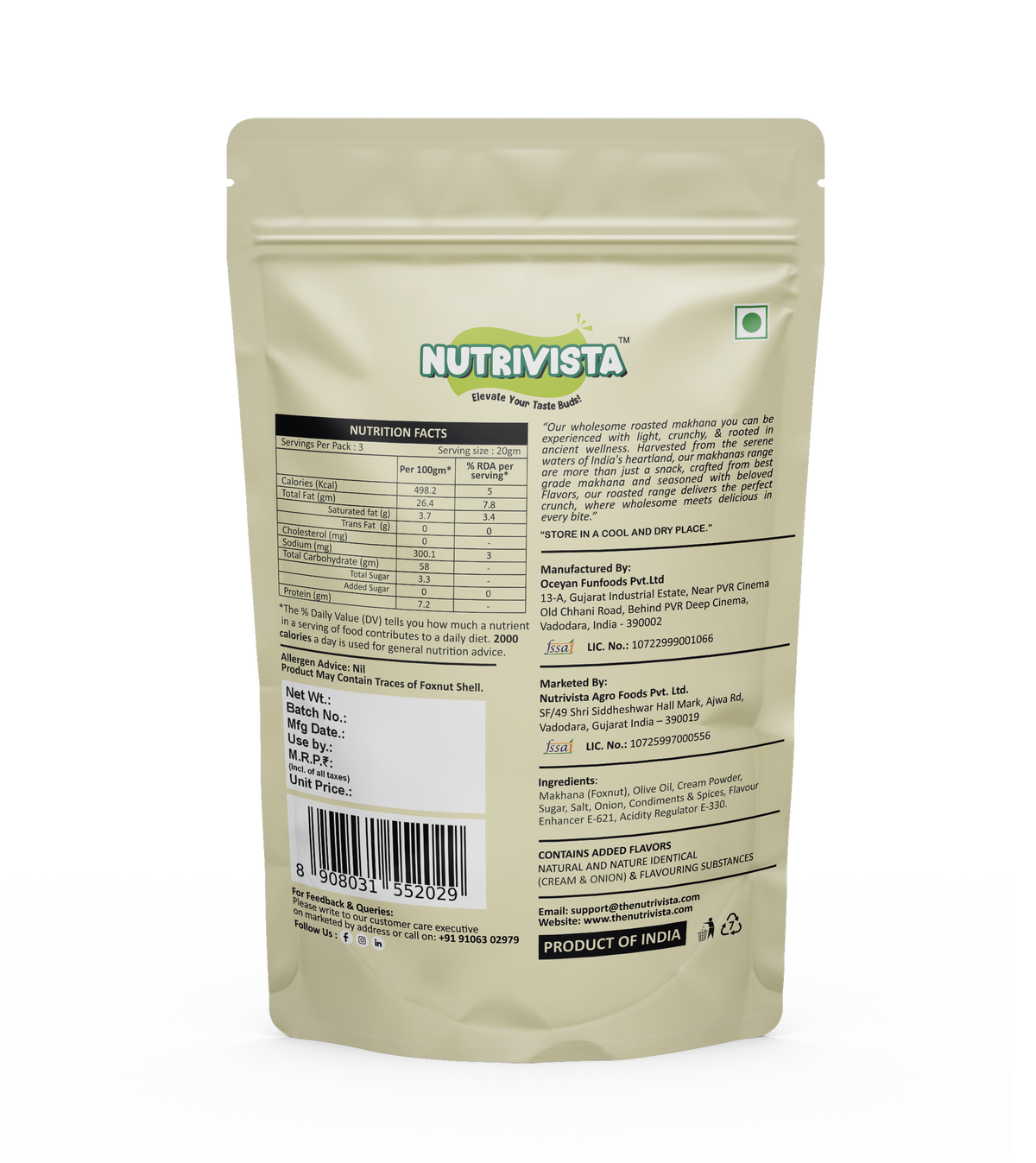Cream & Onion Makhana ingredients and nutrition label