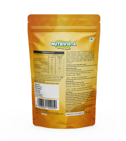Original Cheesy Cheddar Makhana back-label with ingredients, nutrition table and batch details.