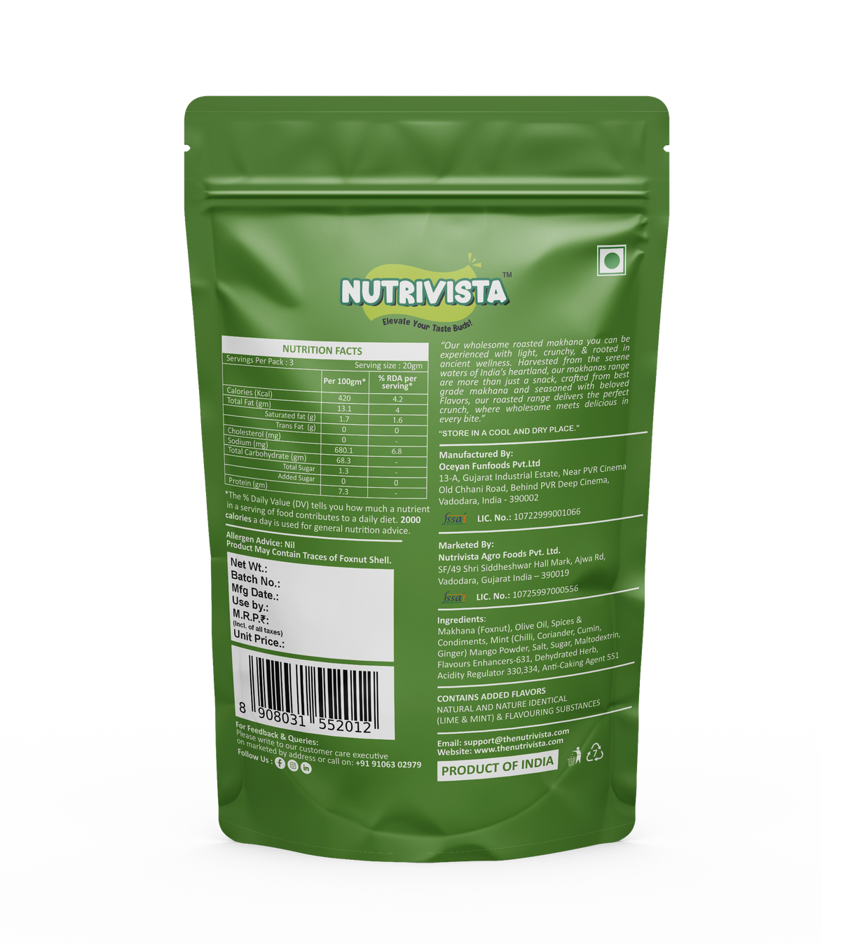 Pudina Makhana ingredients and nutrition label