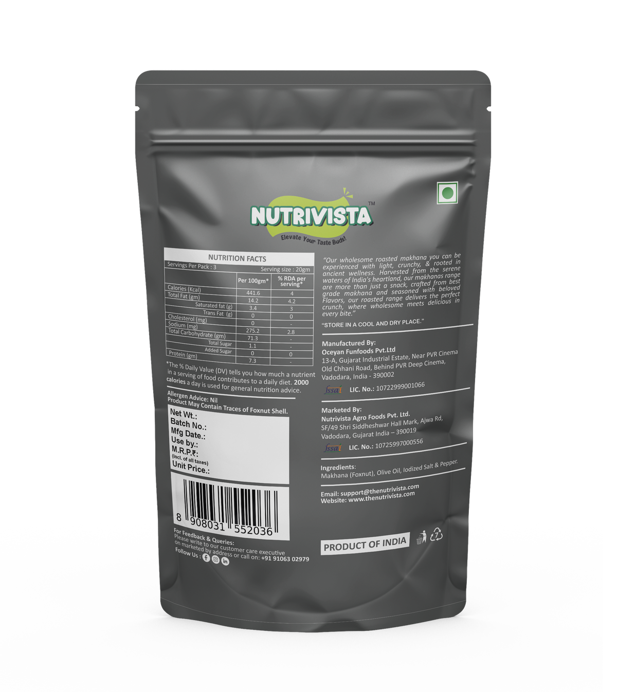 Salted & Pepper Makhana ingredients and nutrition label